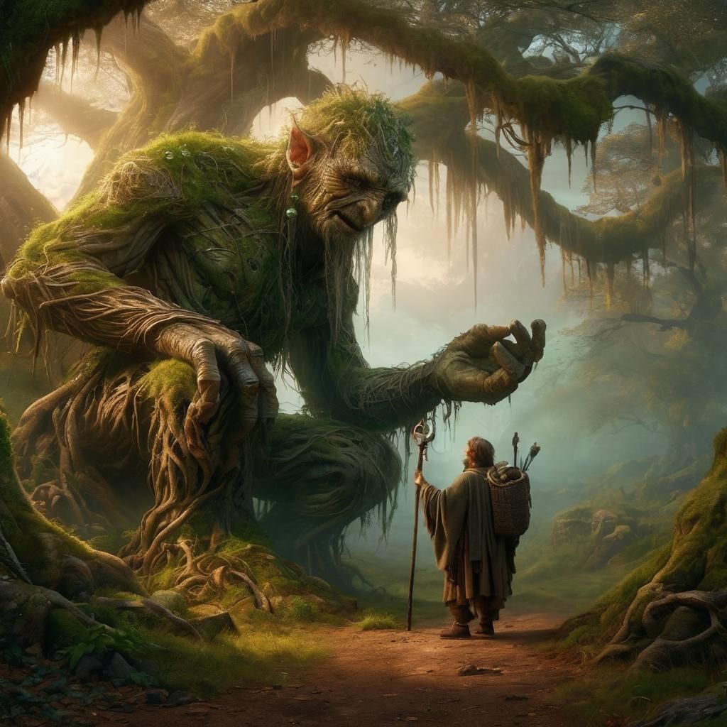 Eldritch Ent Tree Herder Conversing With Hobbit