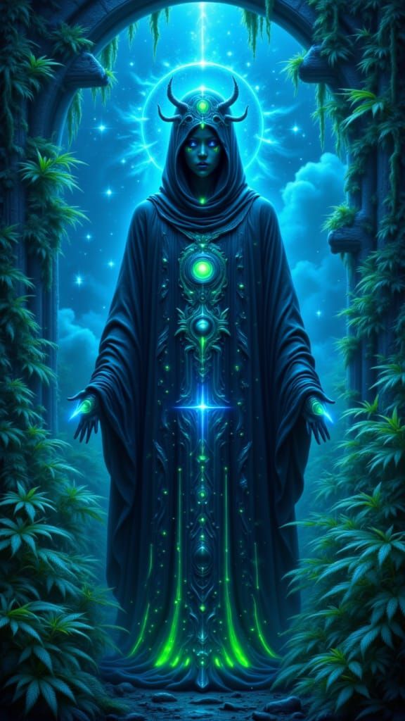 Neon Cyberpunk High Priestess in Bioluminescent Chamber