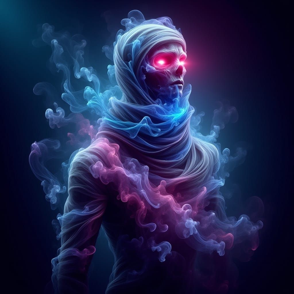 Mummy with Neon Rays and Glowing Blue Eyes