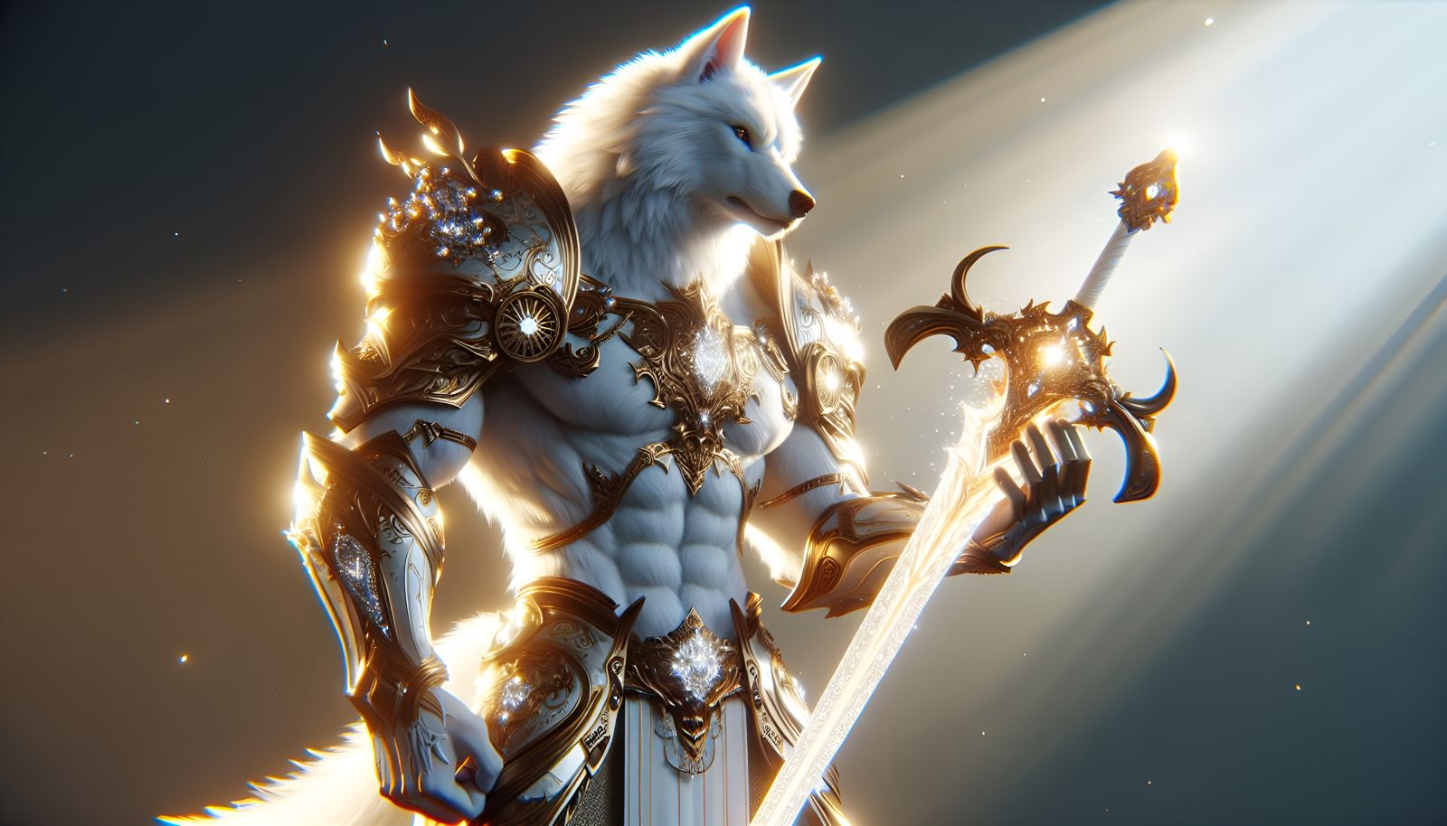 Armored White Wolf Warrior with Sword of Light