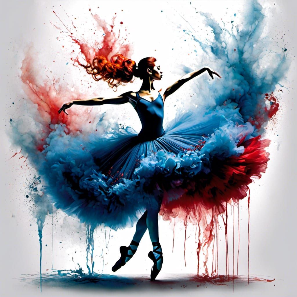 Smokey Blue Ballerina with Red Hair: Ink Drawing