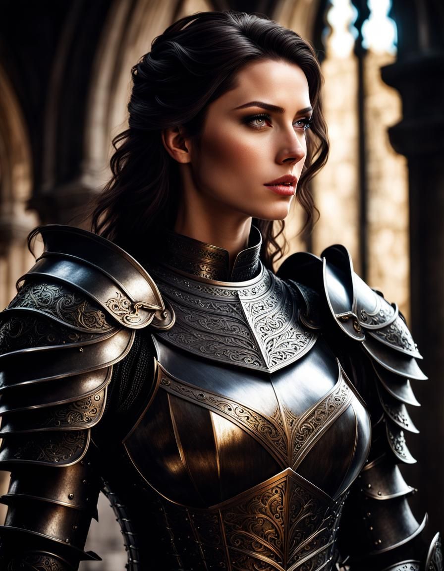 Brunette Knight in Dark Damaged Armor Portrait