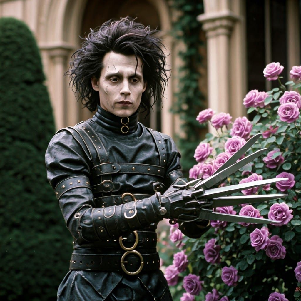 Edward Scissorhands Trims Purple Roses: Cinematic Film Still