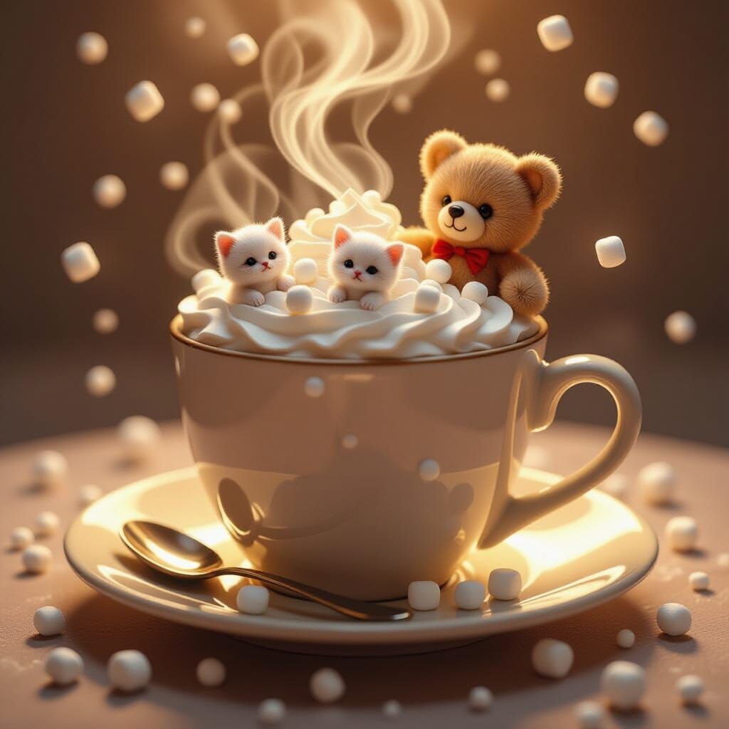 Steaming Cocoa with Marshmallow Kittens and Creamy Teddy Bea...