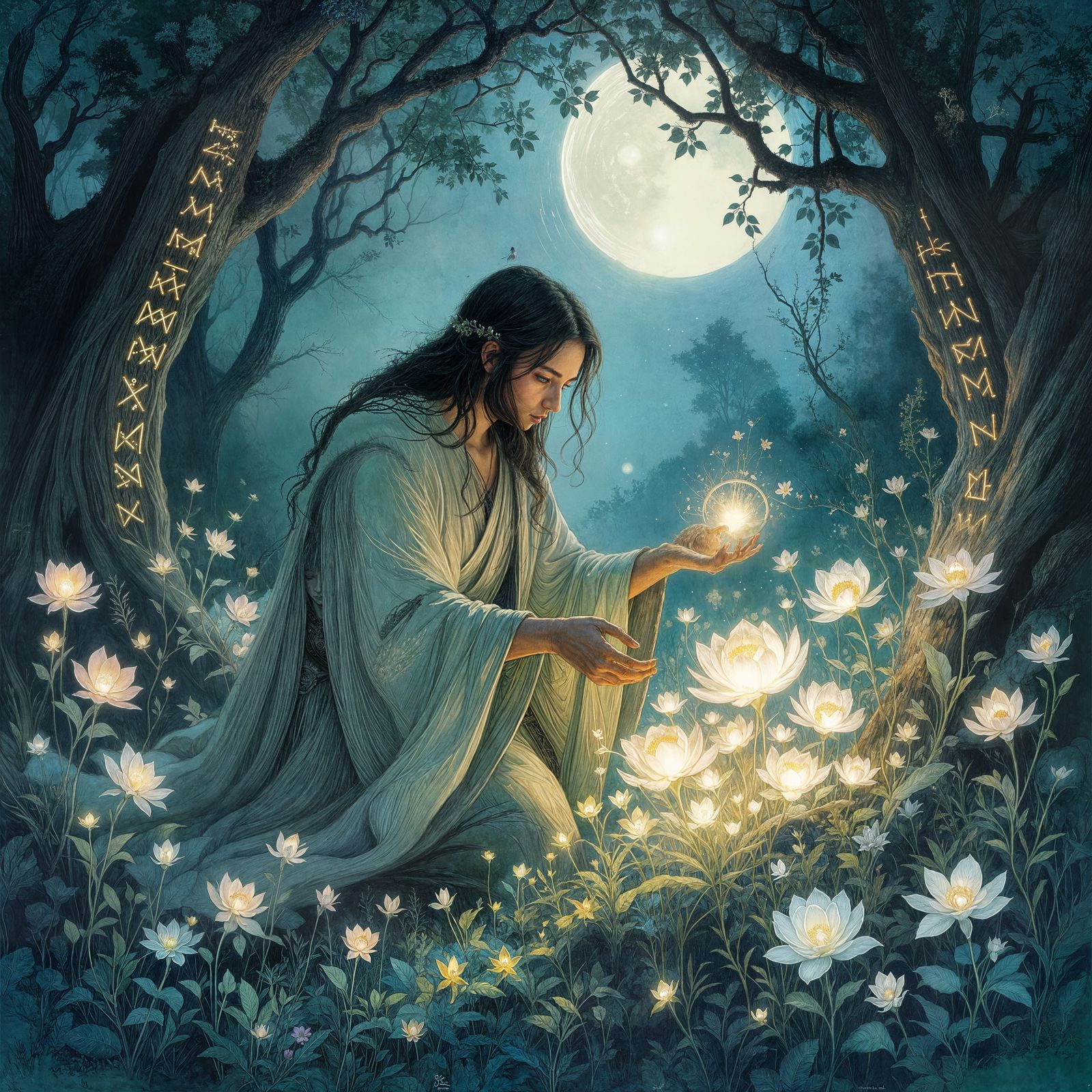 Bioluminescent Grove: Dreamlike Watercolor Illustration