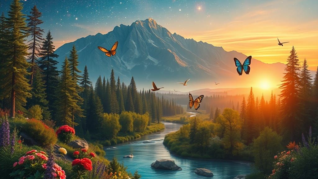 Serene Nature Paradise in Vibrant Sunset Light