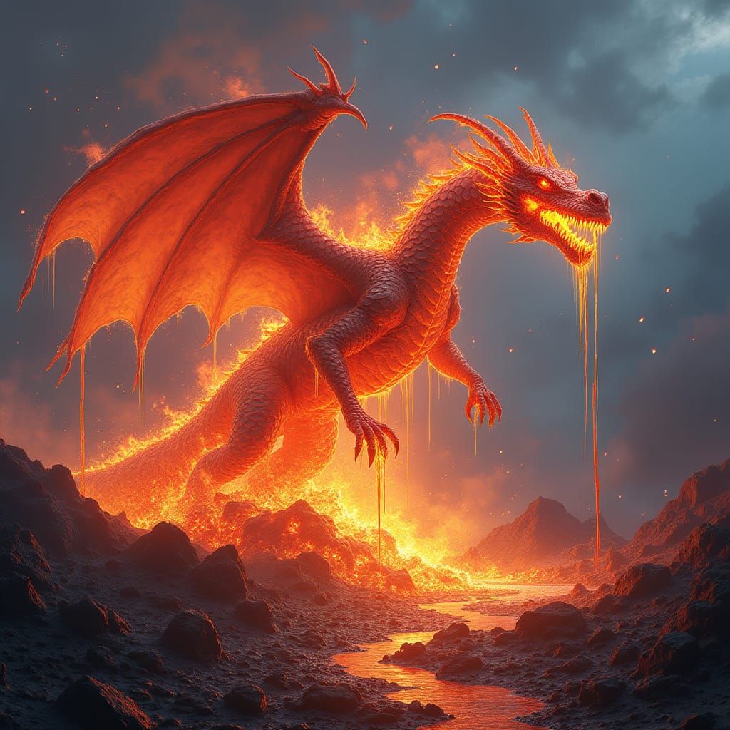 Molten Lava Dragon Erupts From Volcano, Dripping Fire