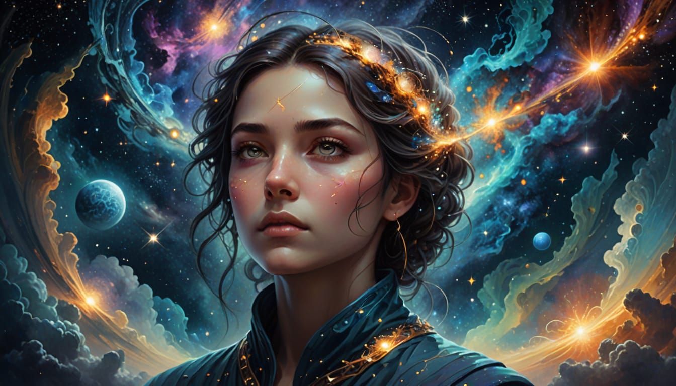 Enigmatic Person Gazing at Cosmic Nebula in Digital Art