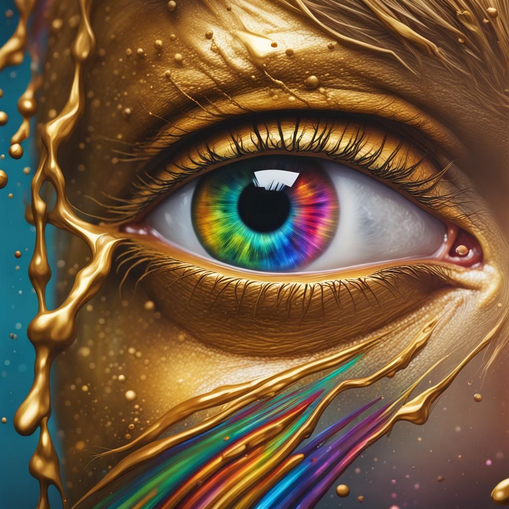 Rainbow Gold Animal Eye: Hyperrealistic Splash Art