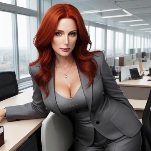 Stunning Redhead in Gray Suit in Office