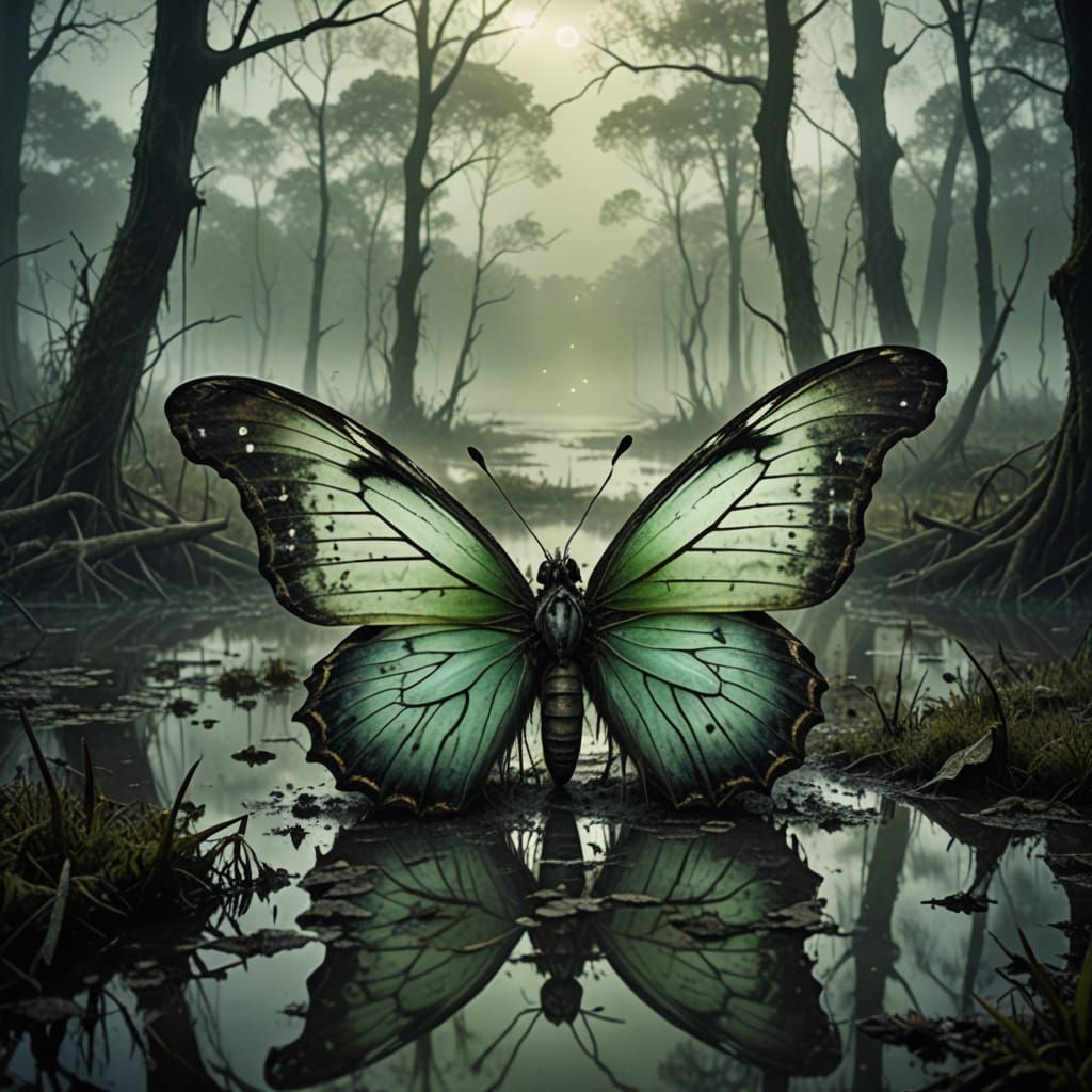Surreal Zombie Butterfly in Misty Swamp Digital Art