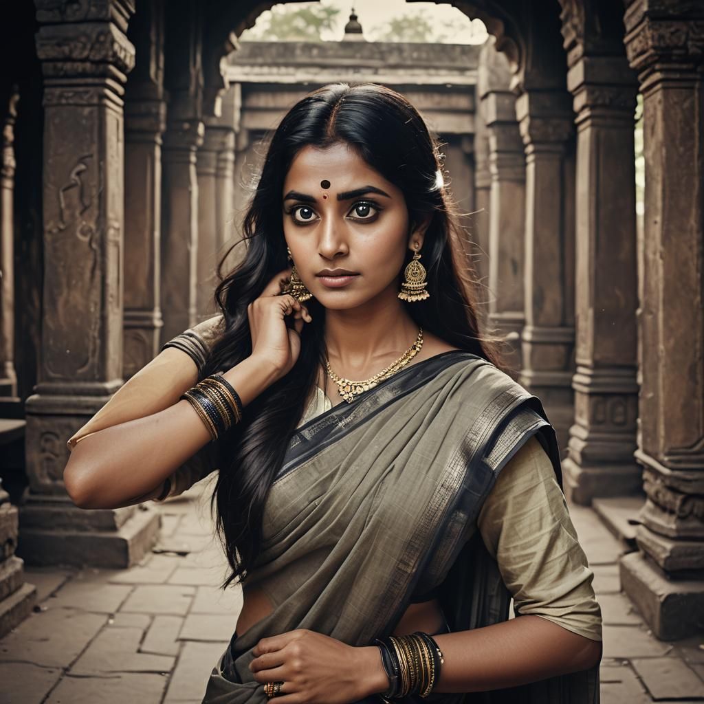 Hyperrealistic Woman Worshipping in Temple with Saree