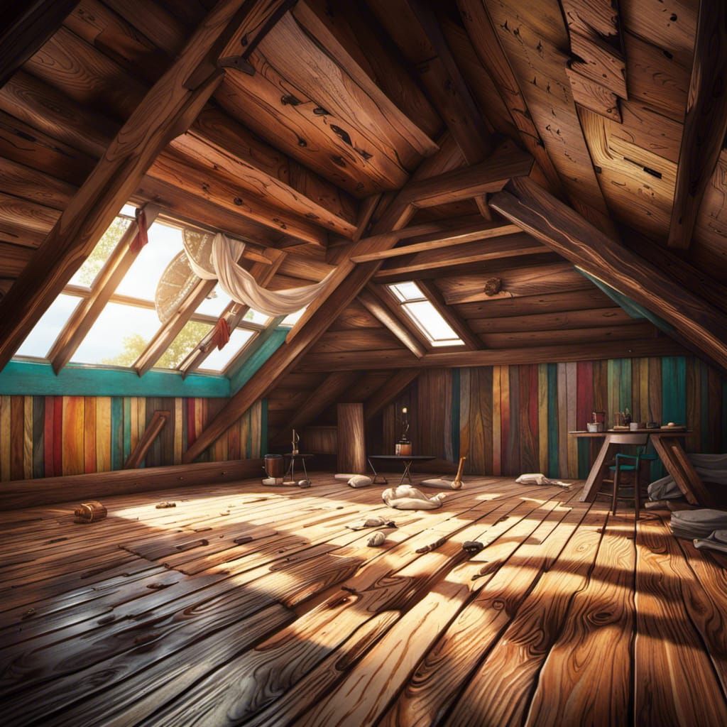 Hyperrealistic Attic Wood Layout in Splash Art Style