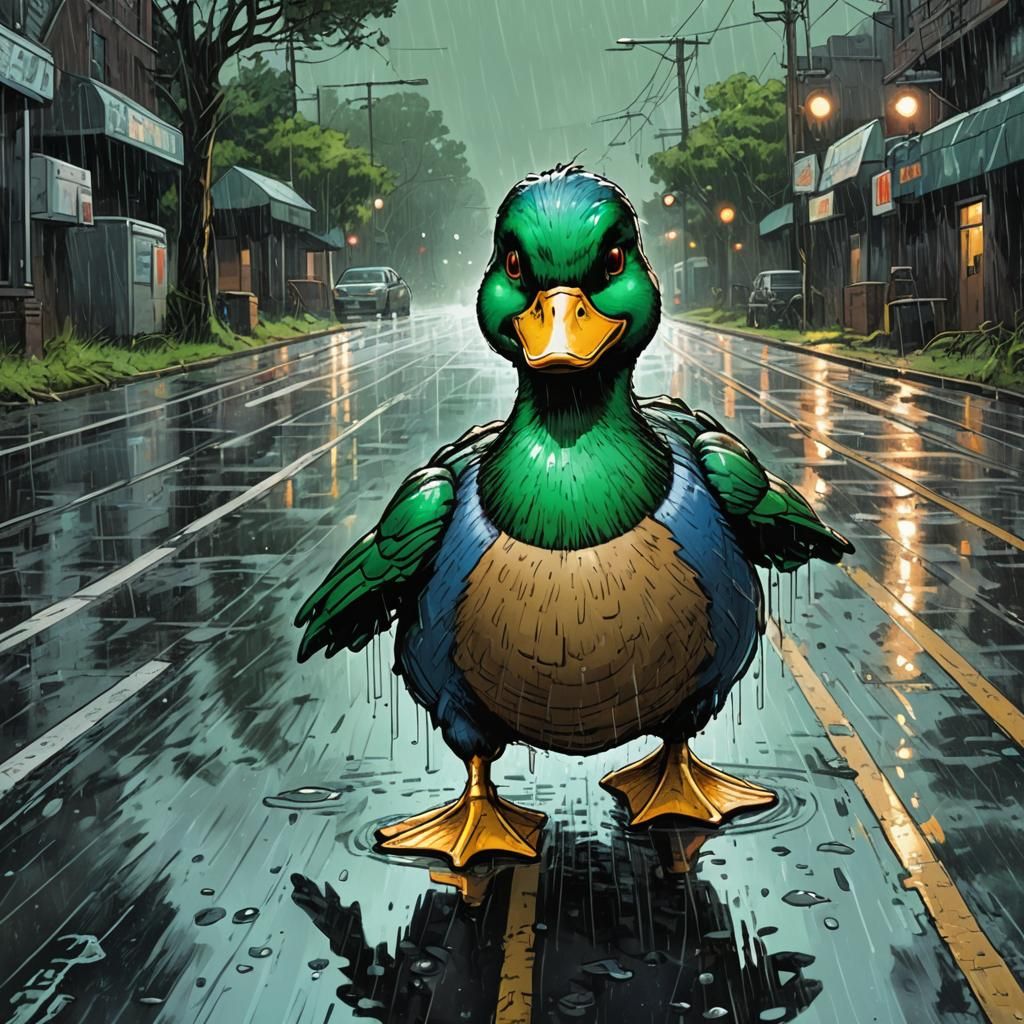 An electro-mechanical green mallard duck walking along a lonely wet road in the rain.