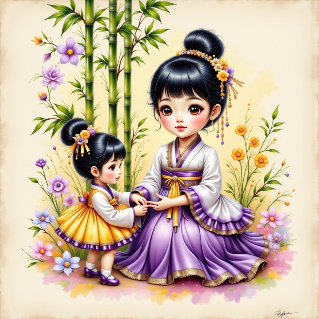 Cute Toddler Asian Girl in Hanbok with Doll