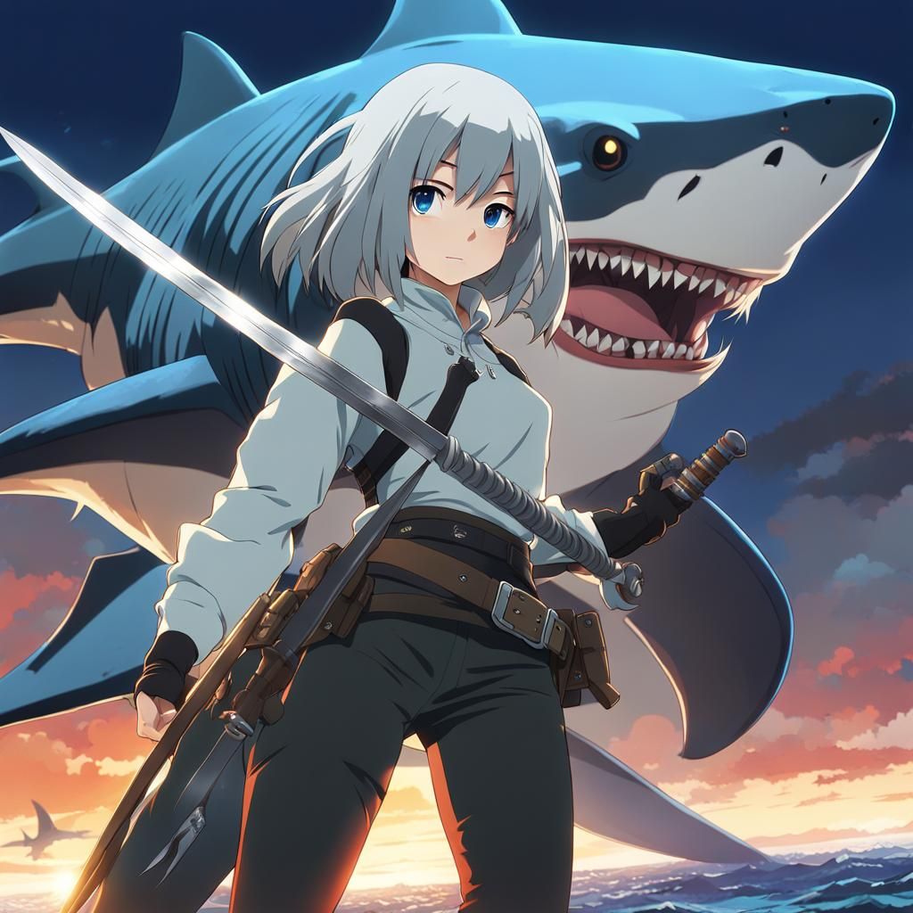 Anime Shark Girl with Spear, Ghibli-esque Key Visual