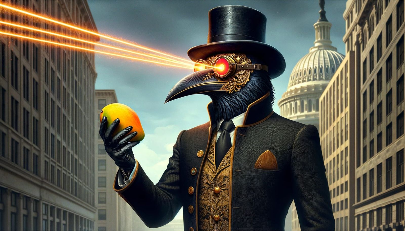 Steampunk Raven with Gold Mask and Laser Eyes