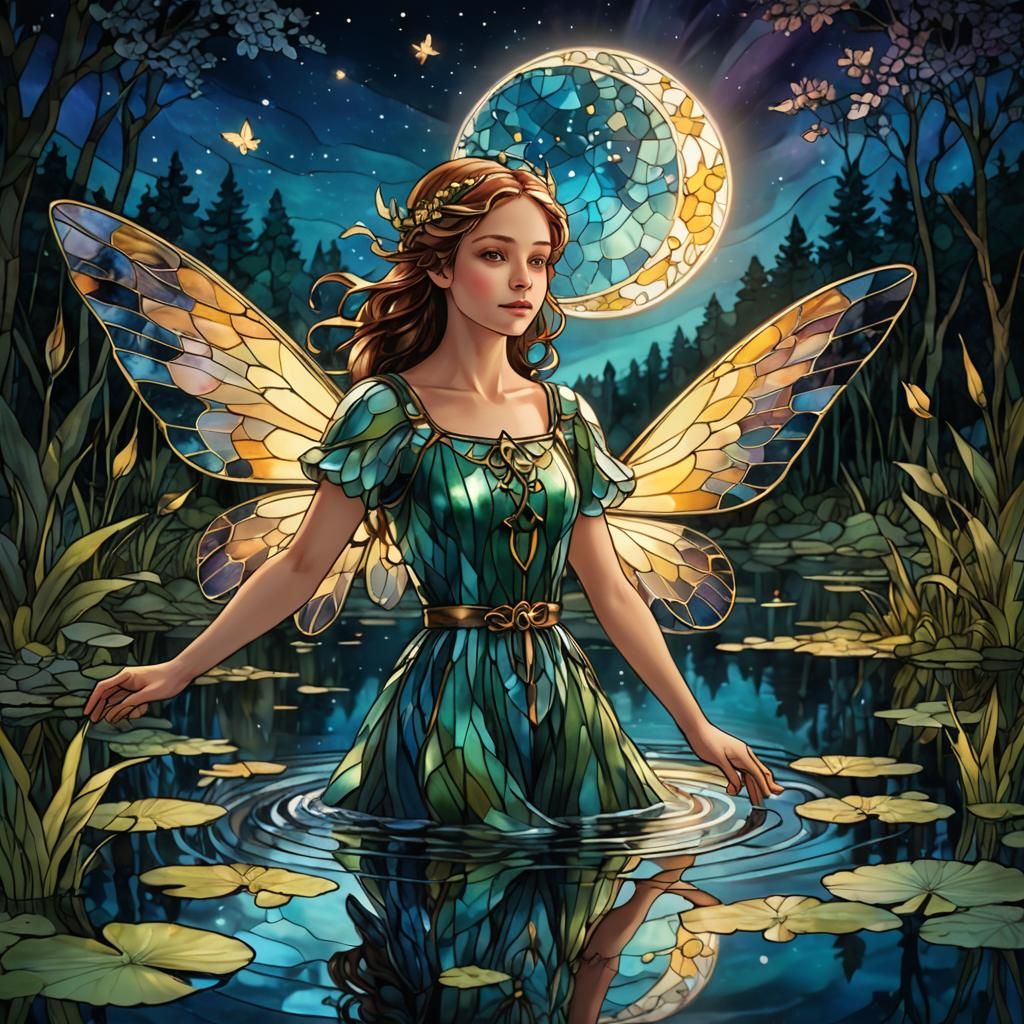 Fairy with Stained Glass Wings over Pond