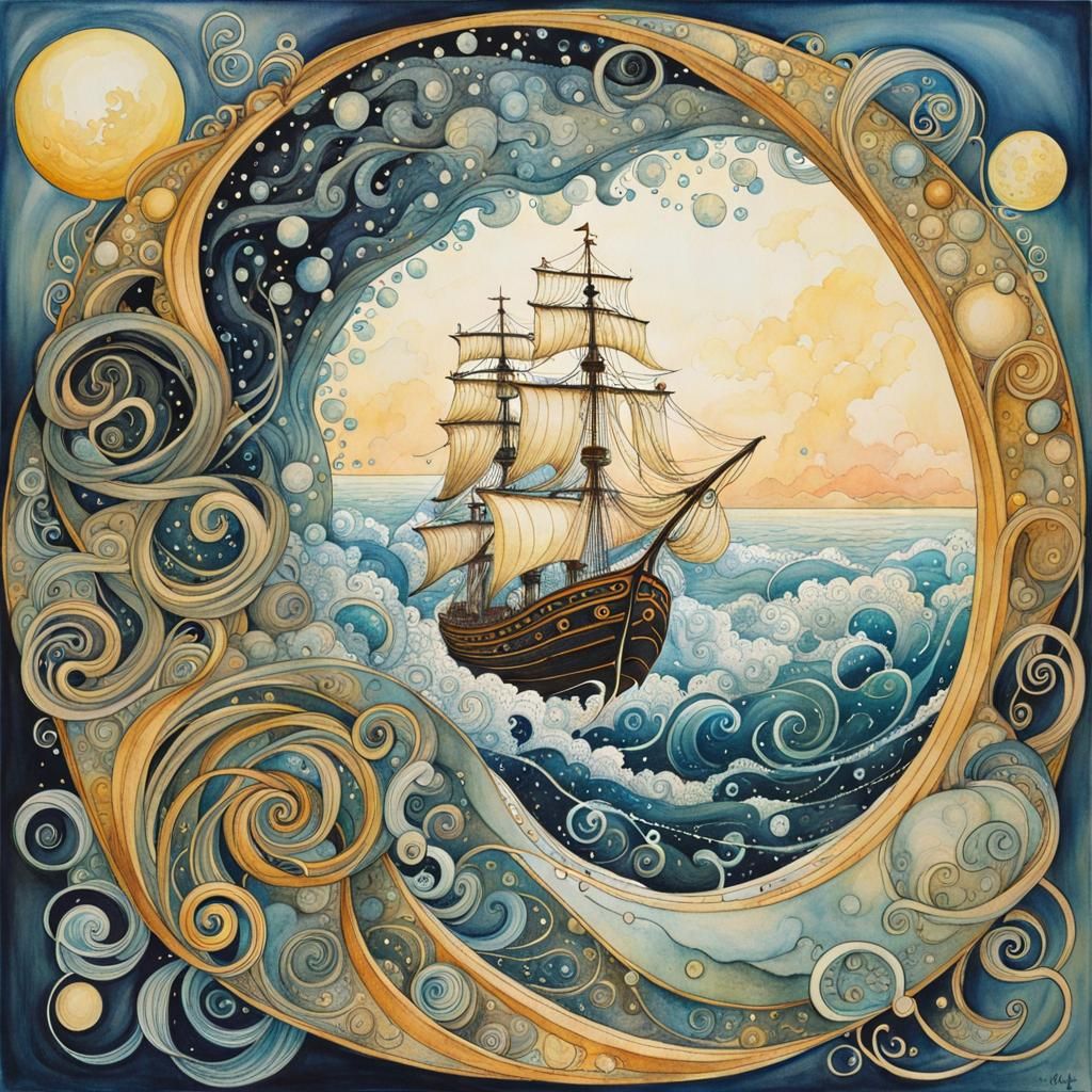 Ship Navigates Time Tunnel in Watercolor Zentangle