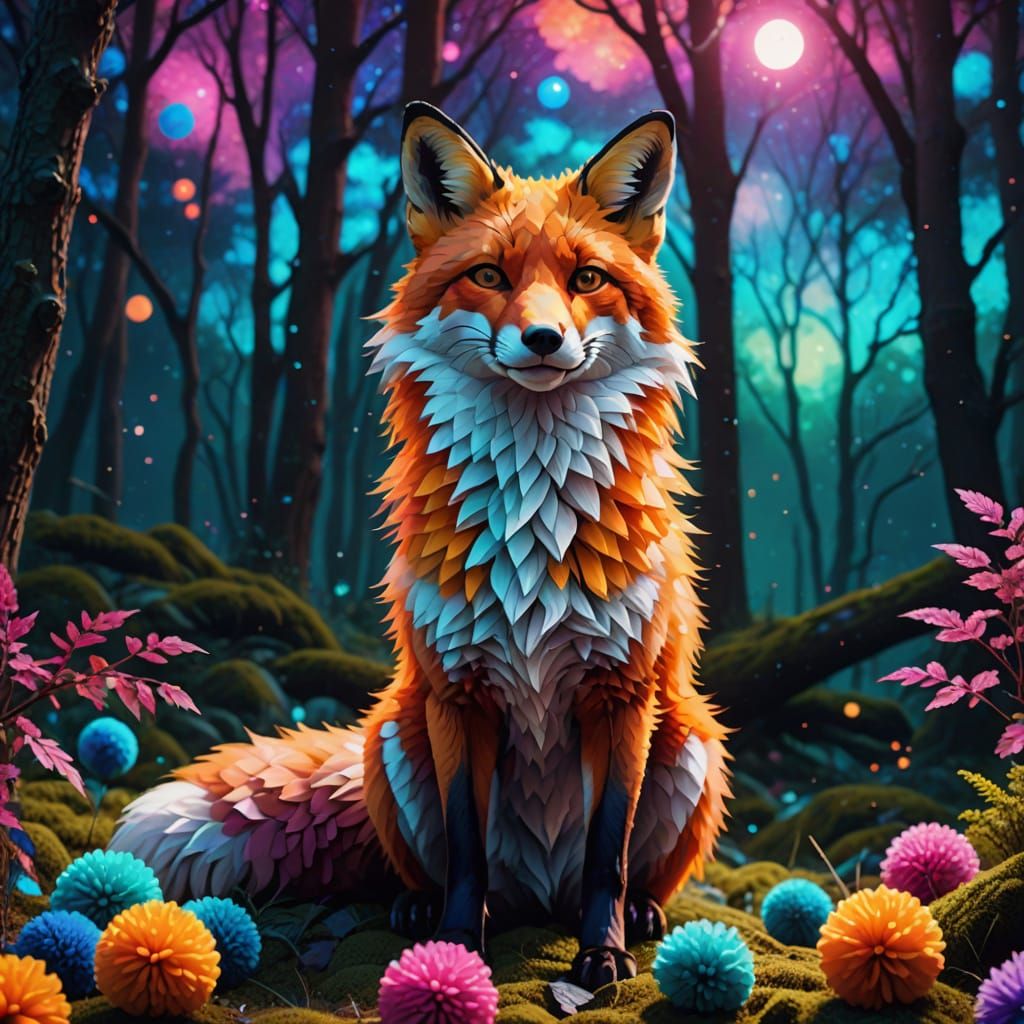Pom Pom Fox in Psychedelic Forest: Digital Art