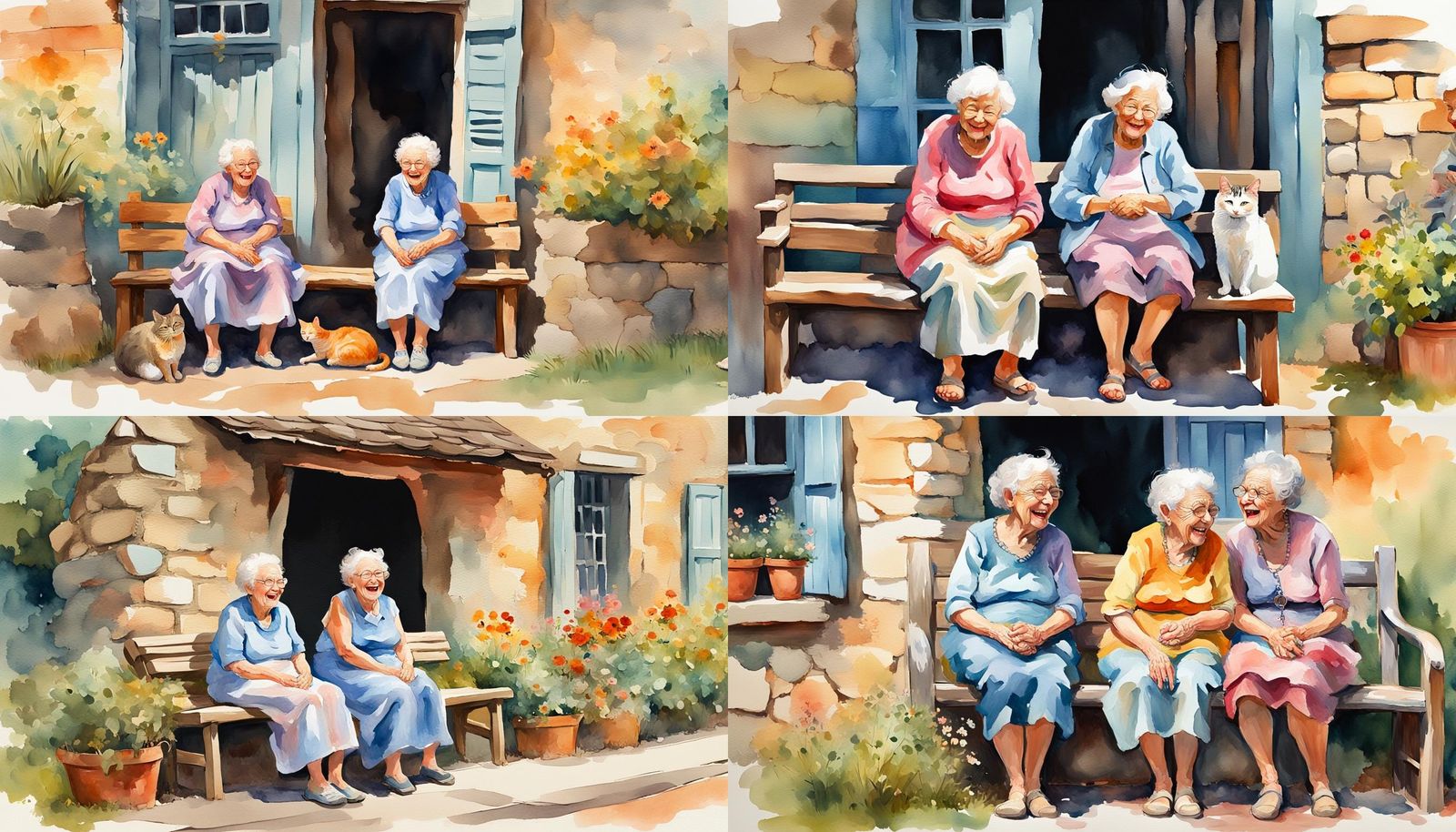 Laughing Ladies and Cat: Gouache Watercolor Painting