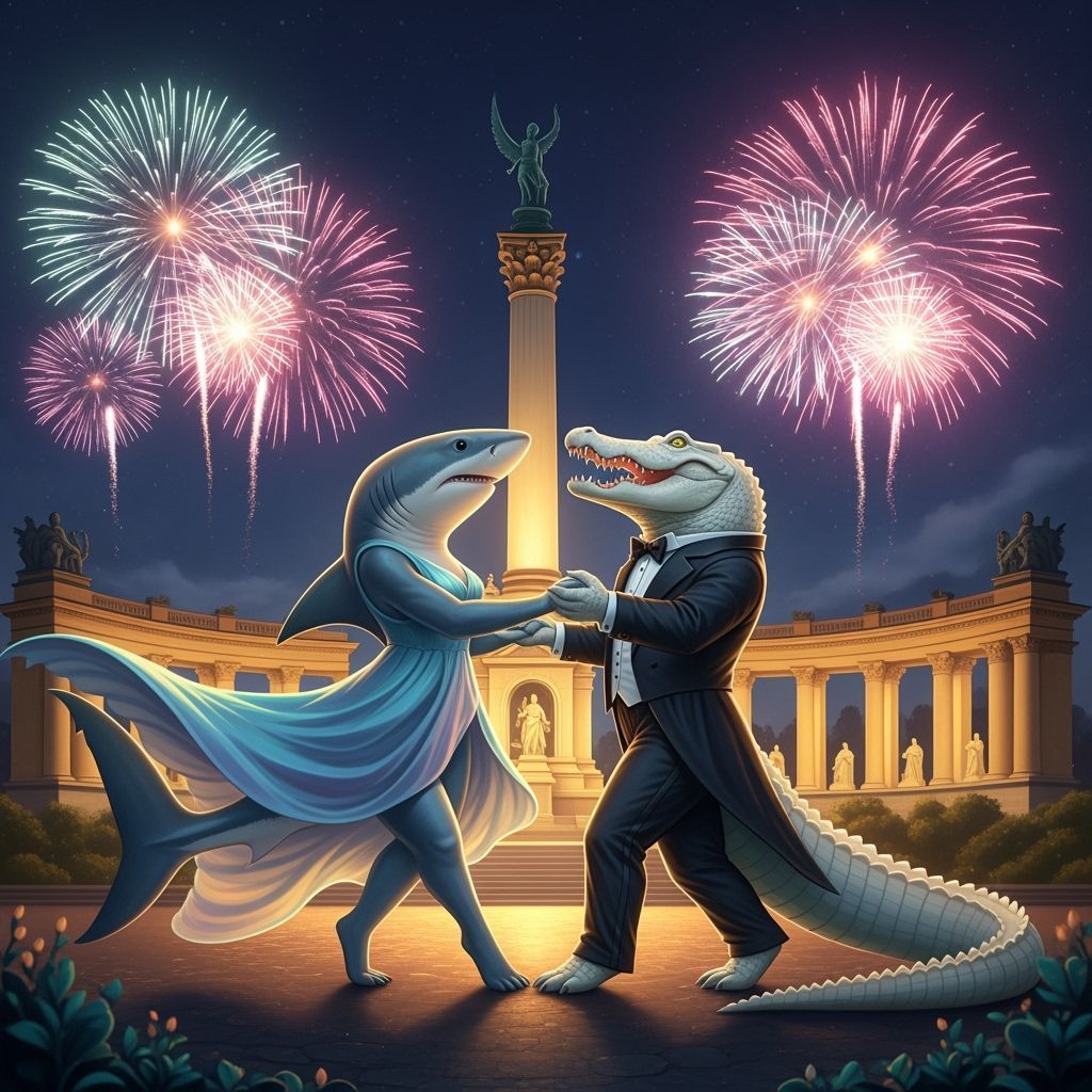 Shark and Crocodile Waltz Under Fireworks, Digital Art