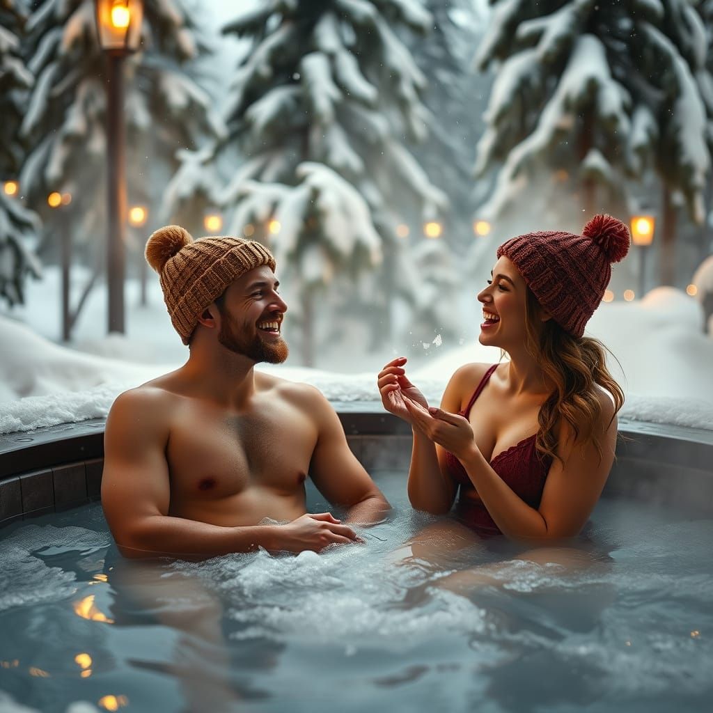 Couple Enjoying Steaming Hot Tub in Snowy Forest