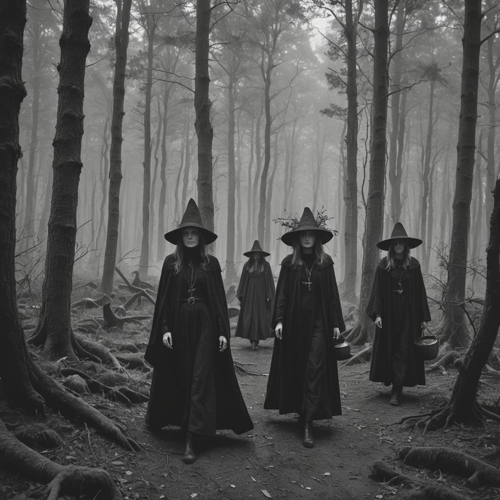 Monochrome Coven Gathering in Forest at Dawn