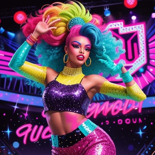 90s Dancer Performs Energetically Under Neon Stage Lights