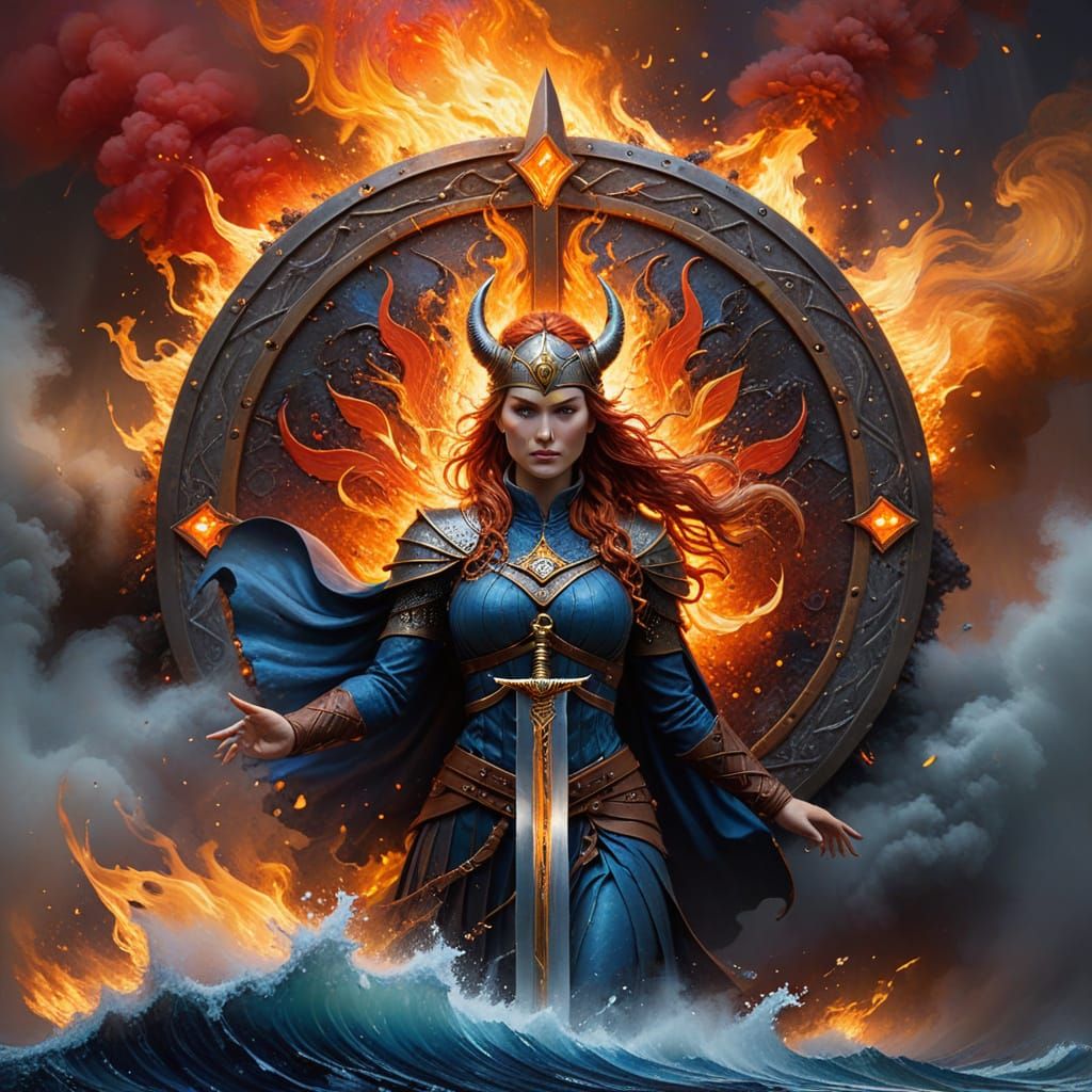 Viking Shieldmaiden Wields Flaming Sword in Intense Art Deco...