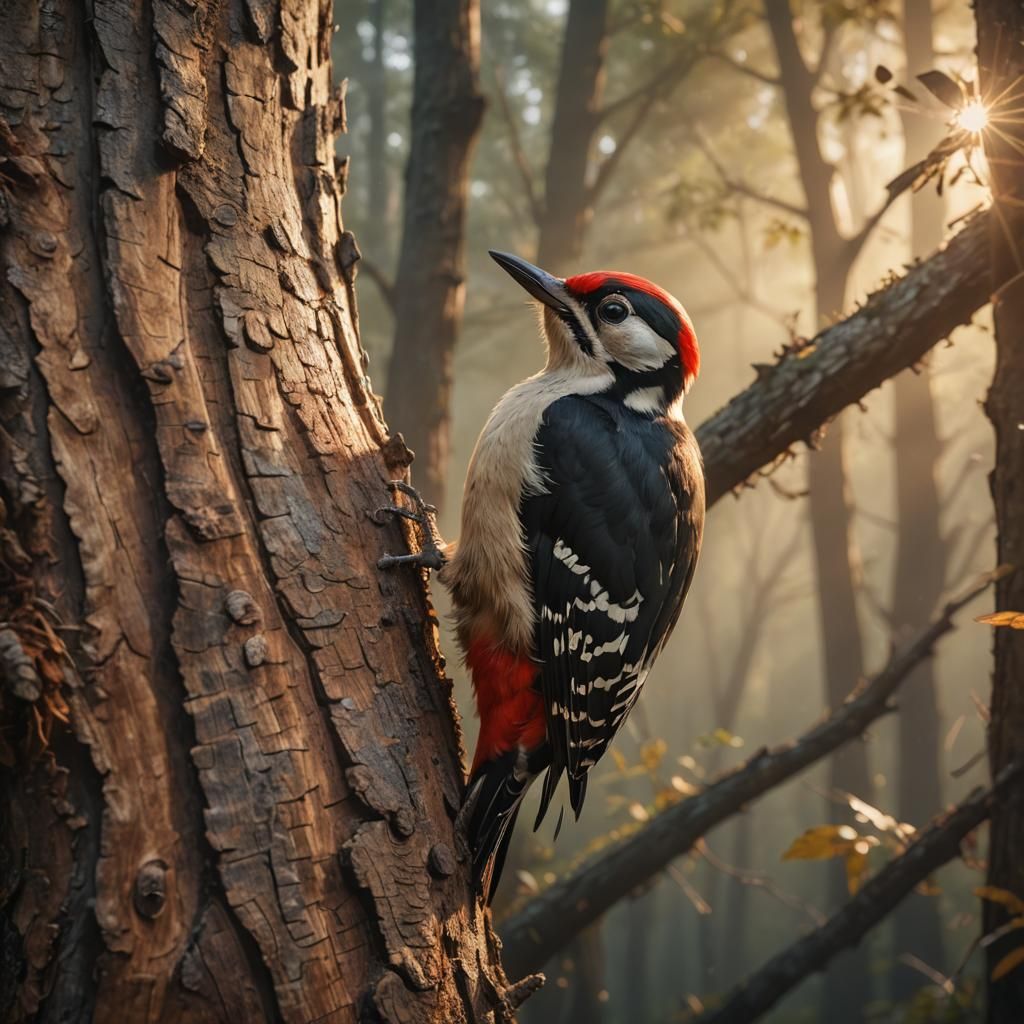 Woodpecker Pecking Tree: Hyper-Realistic Digital Matte Paint...