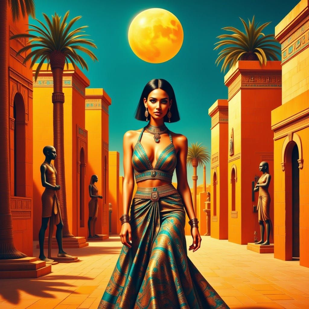 Retro 80s Fashion Model Poses in Geometric Egyptian Street