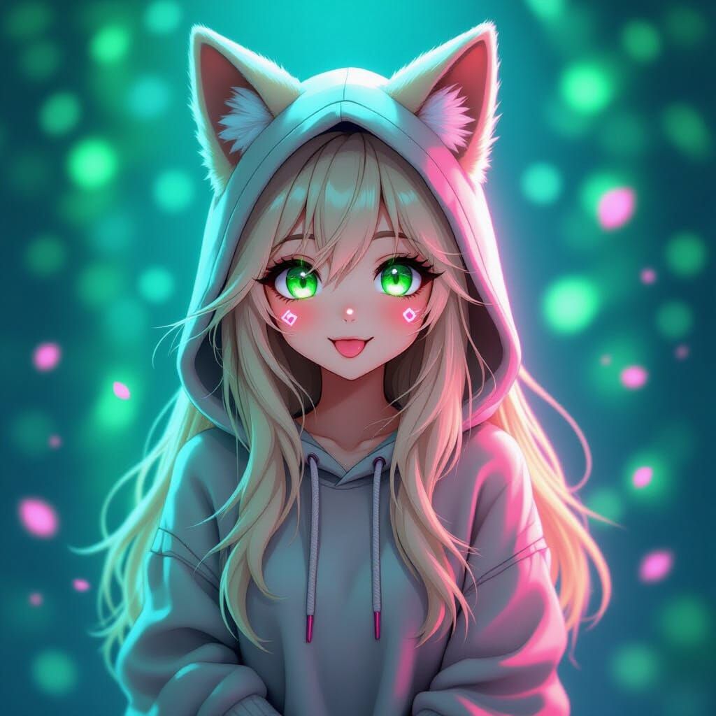 Anime Girl with Fox Hoodie in Neon Cityscape