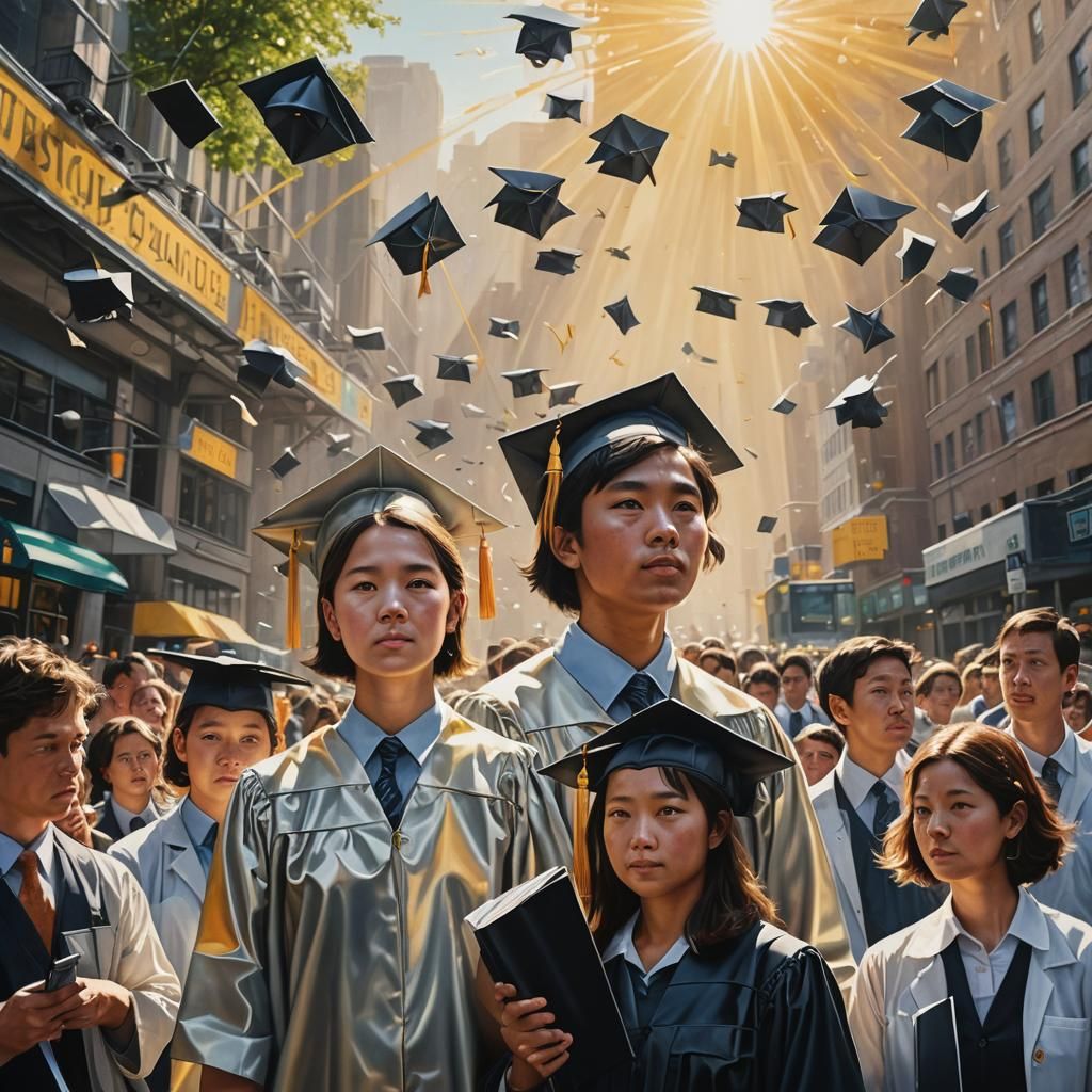 Graduates with Traffic Hats in Hyperrealism