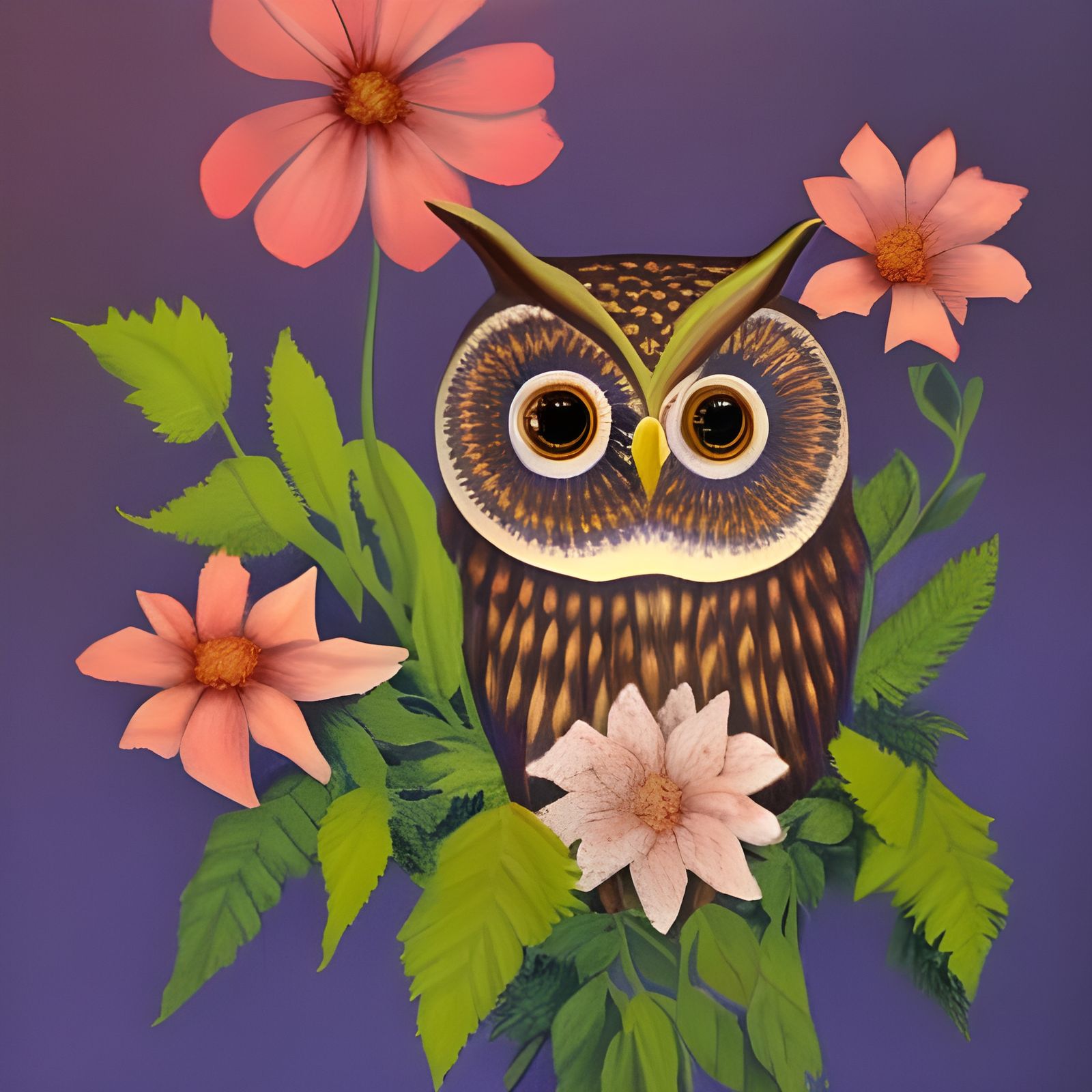 Owl Among Flower Petals: Serene Nature Scene