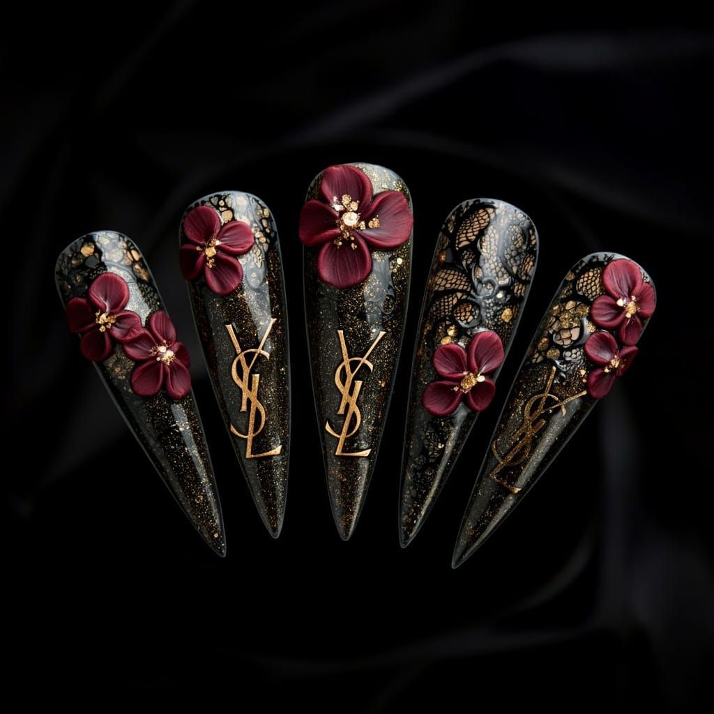 Opulent 3D Floral Nail Art in High-Fashion Style