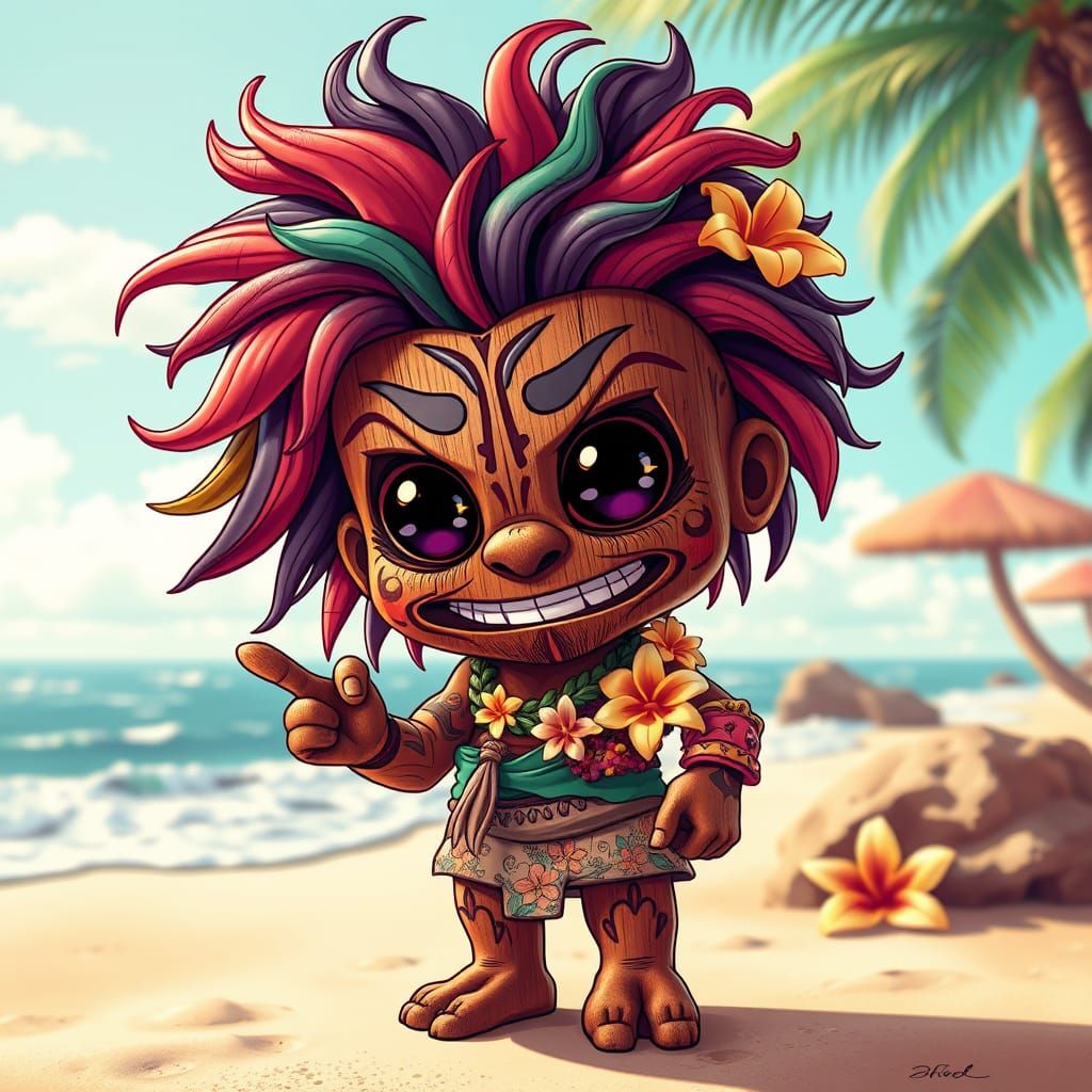 Vibrant Chibi Tiki Character on Tropical Beach