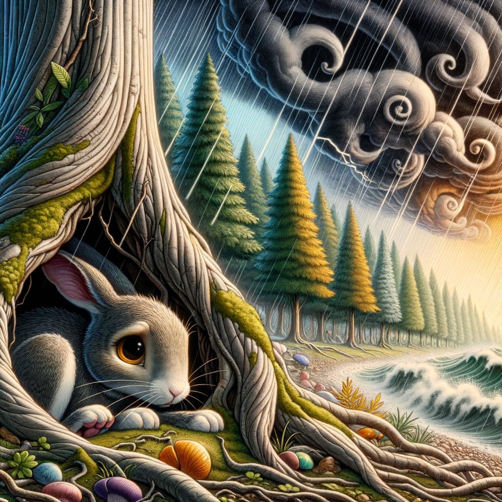 Worried Rabbit Peeks From Burrow in Stormy Forest