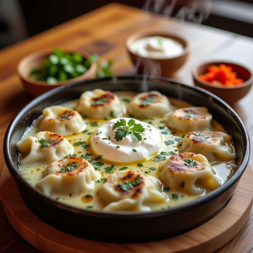 Steaming Turkish Mantı Garnished with Yogurt