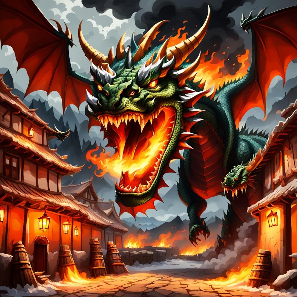 Dragon Breathing Fire On a Village