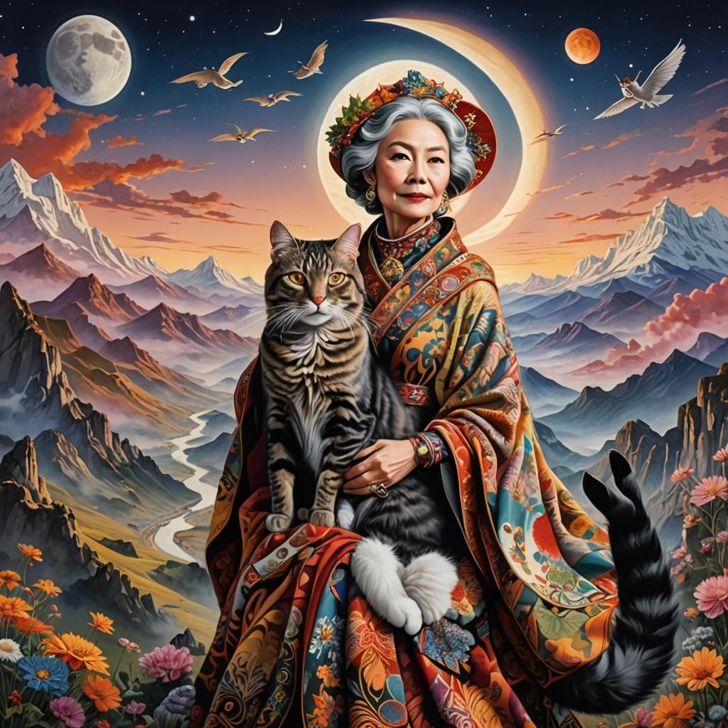 Maximalist Sunrise Flight with Woman and Cat