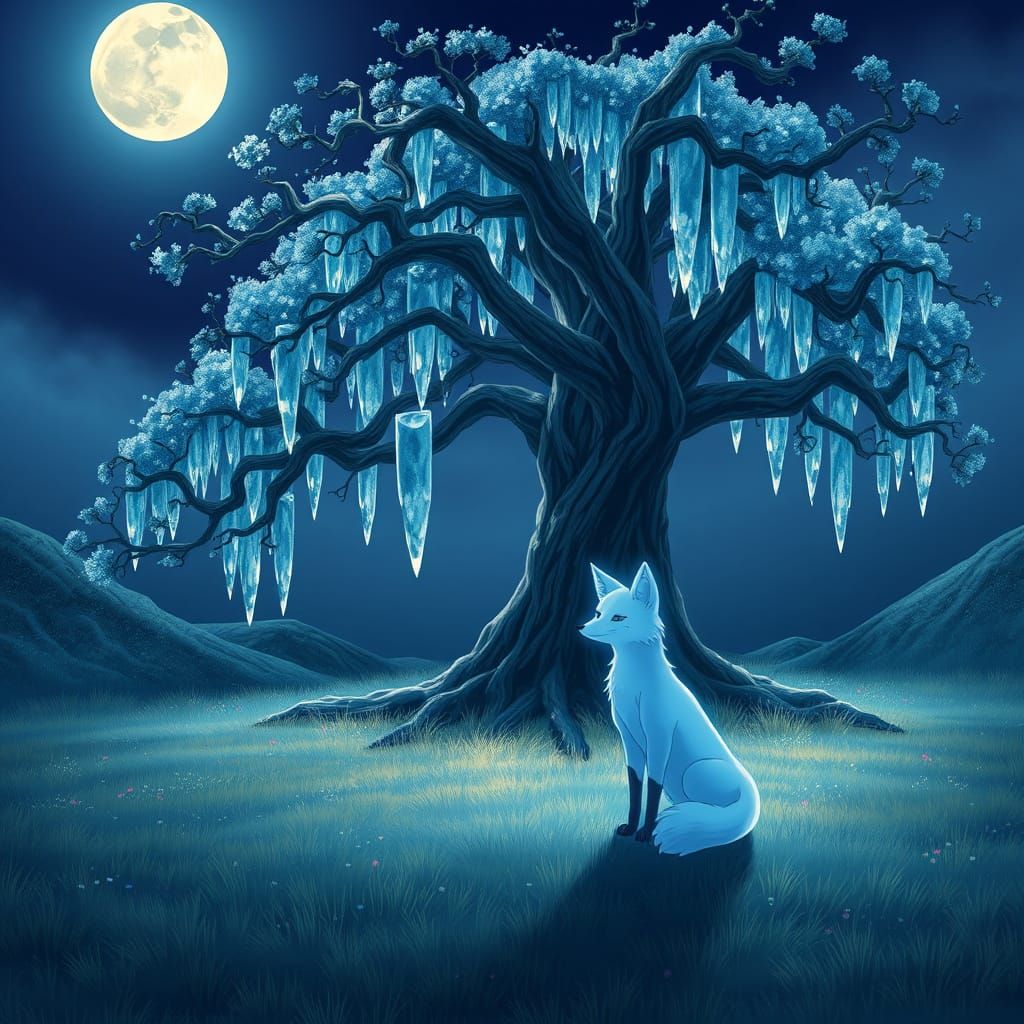 Blue Fox Under Crystal Tree: Ghibli Style