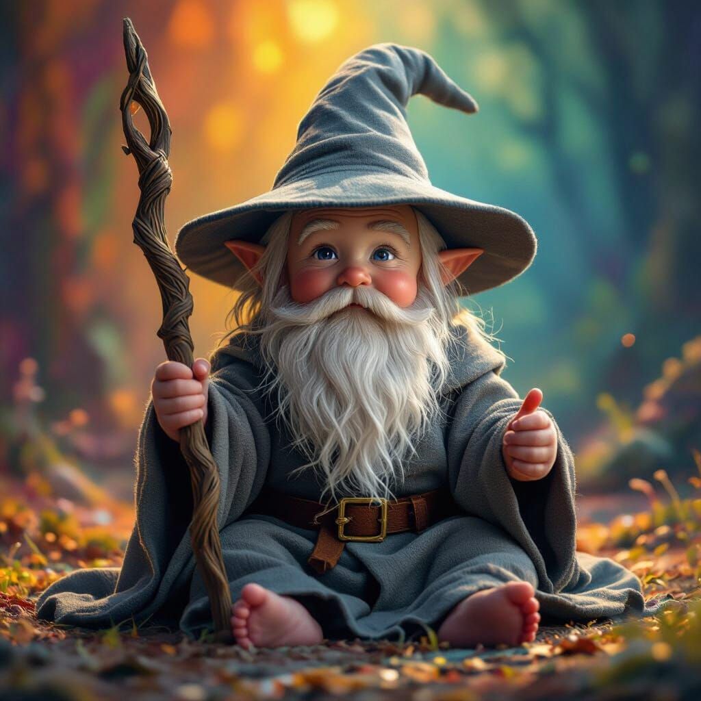Baby Gandalf in Miniature Robe: Hyperrealistic Portrait