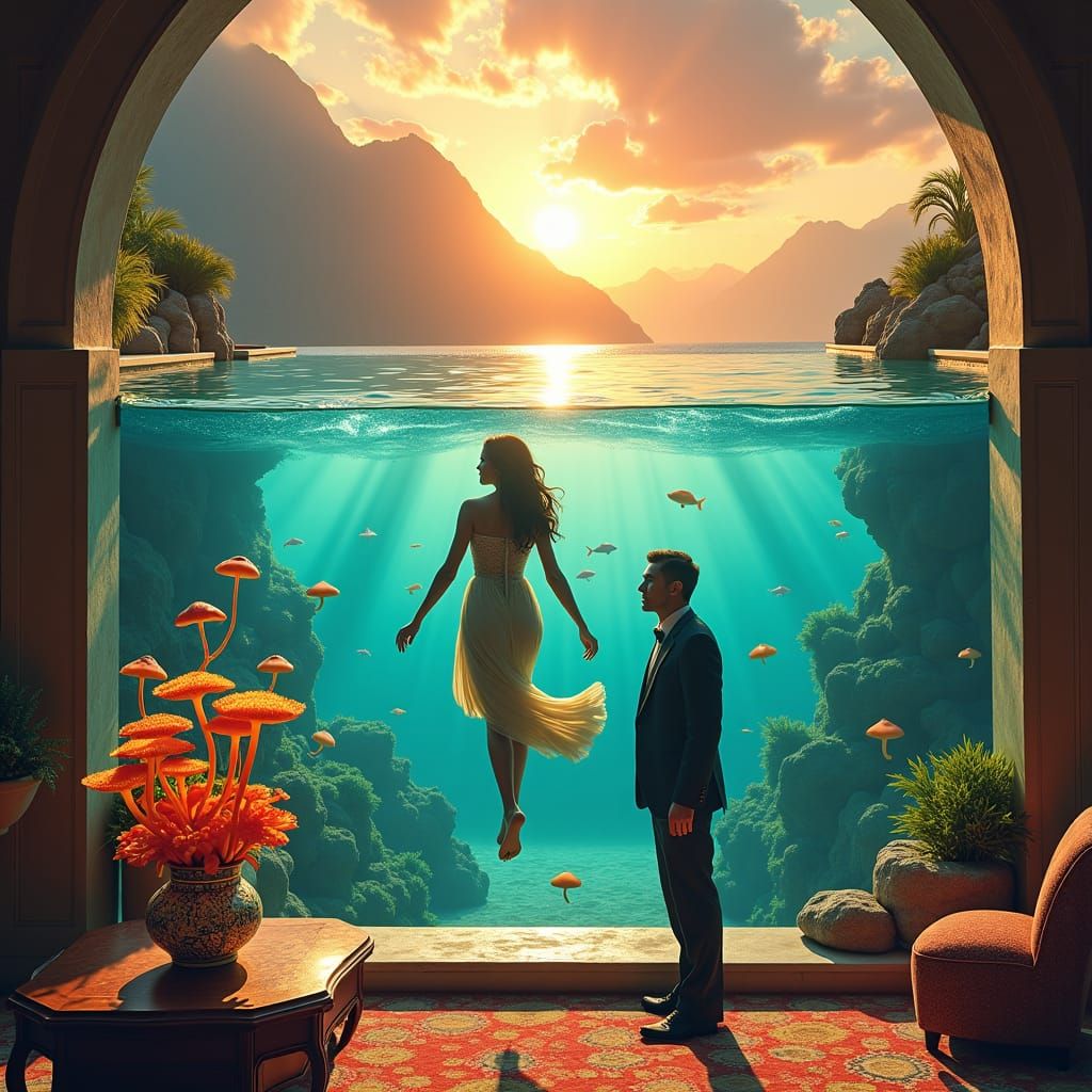 Aquatic Dance in an Alien Villa, Hyperrealistic Style