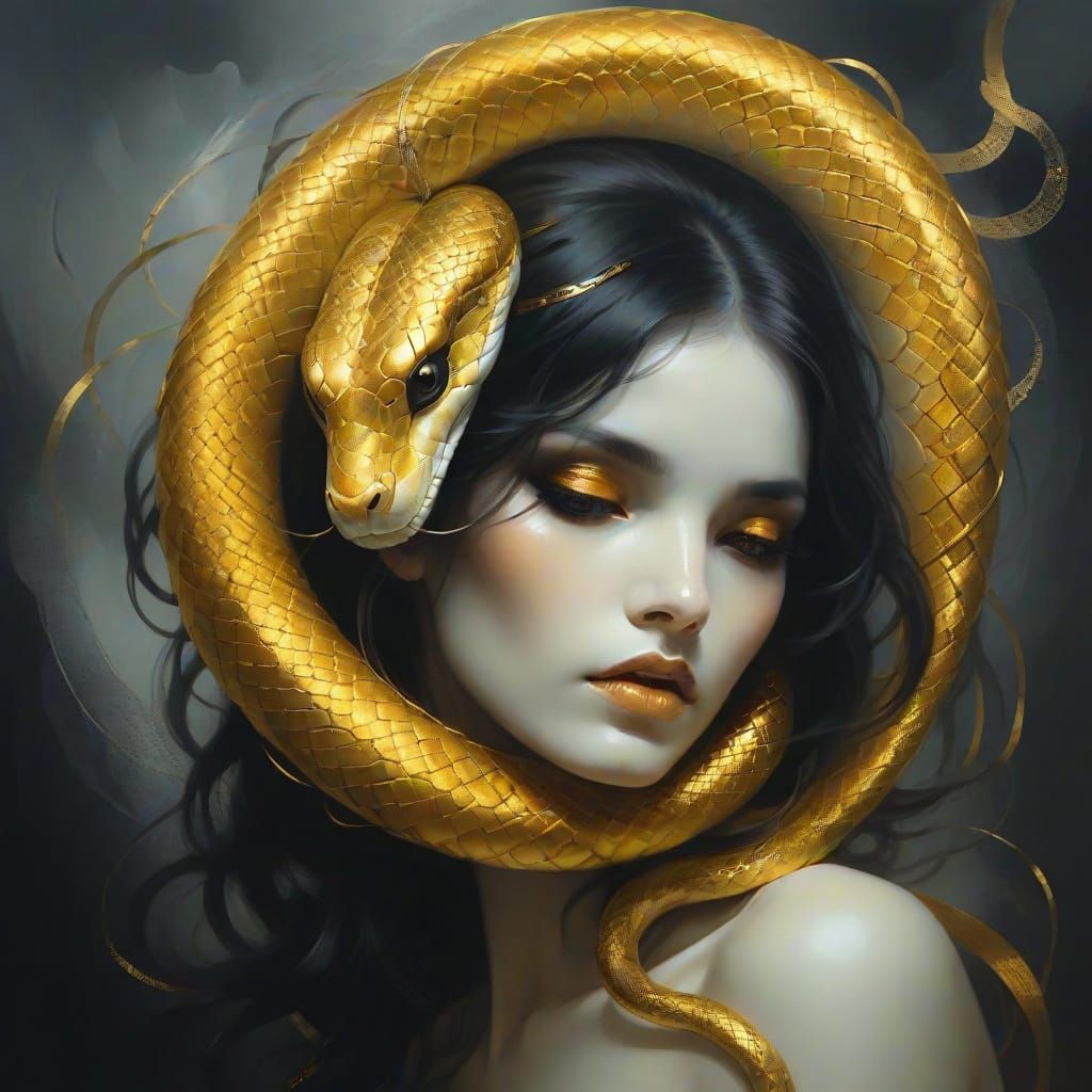 Golden Serpent Entwines Dark Beauty in Surreal Art