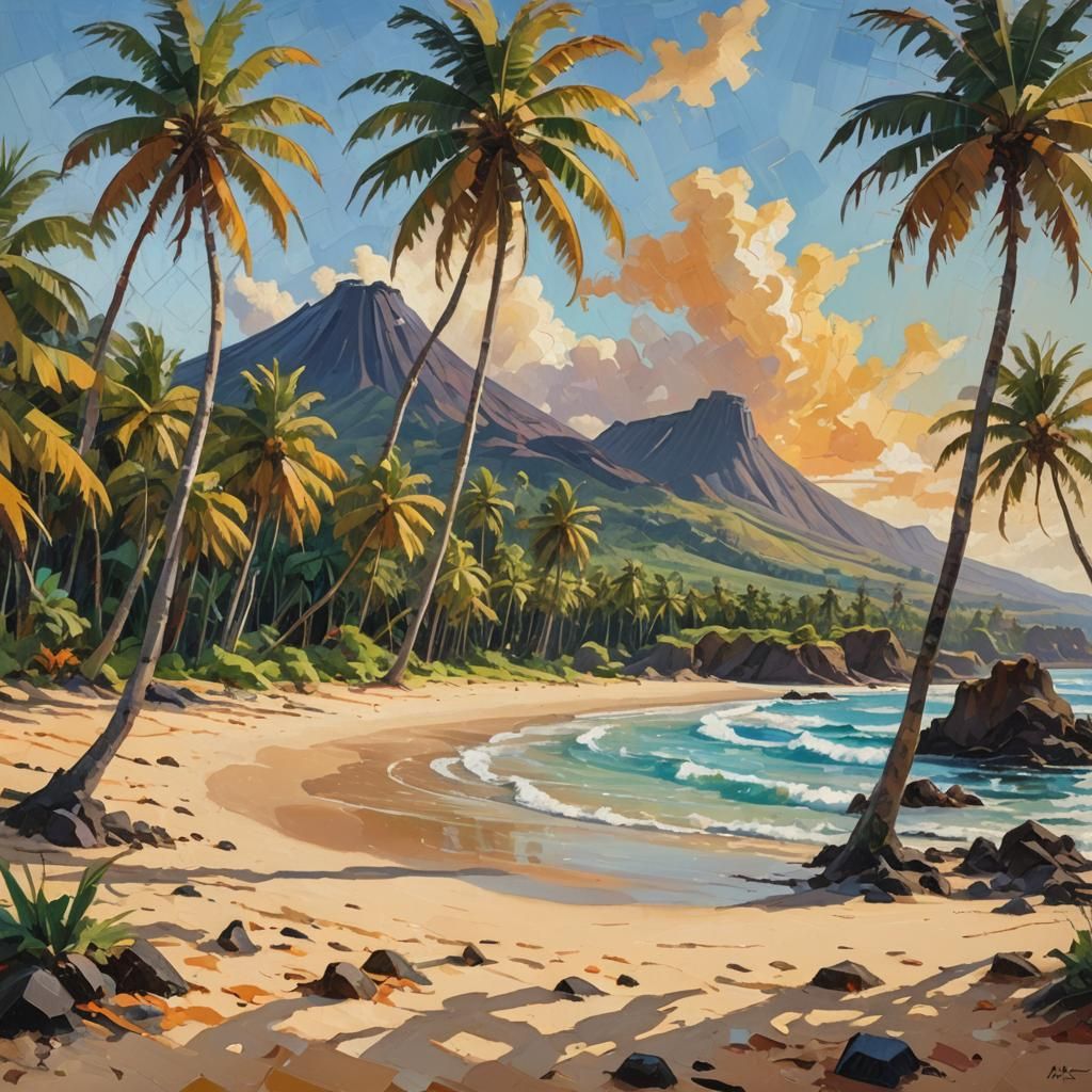 Tropical Beach Scene as Impressionist Oil Painting