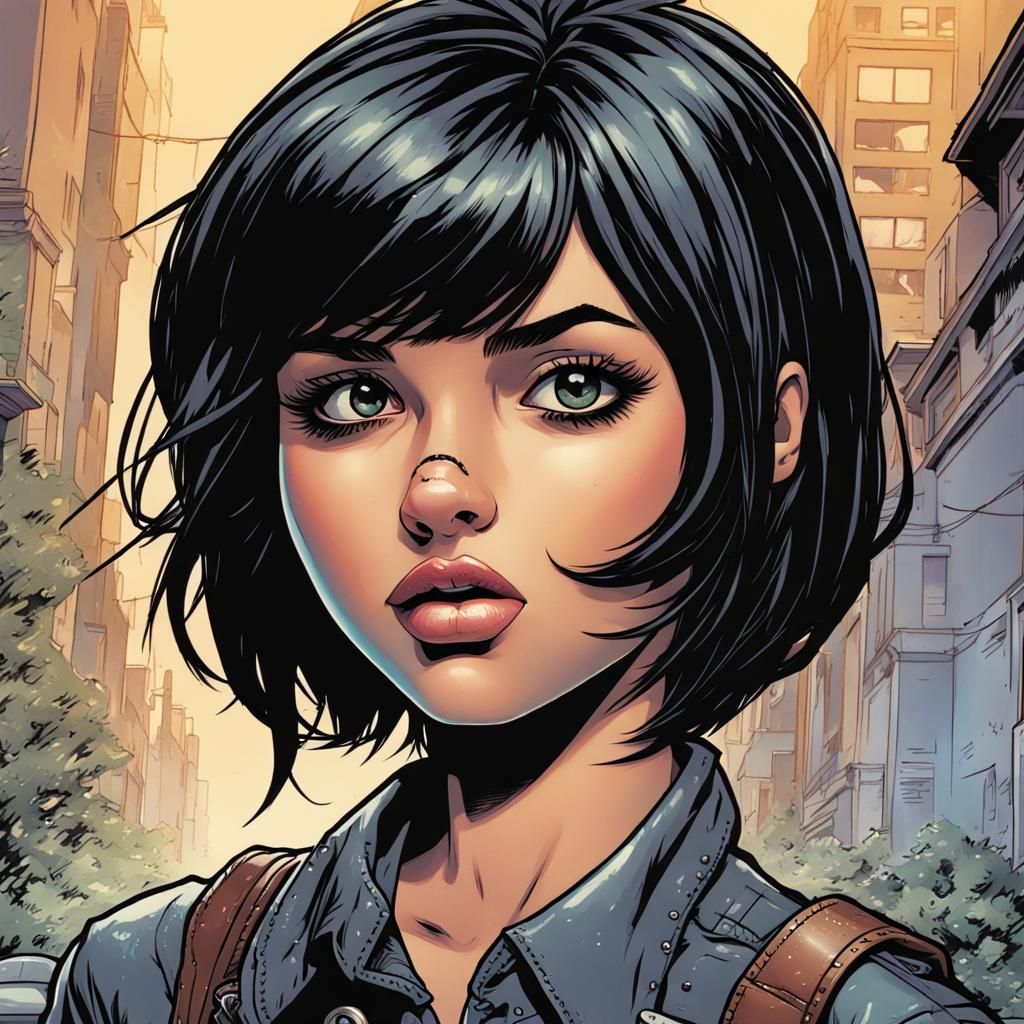 Cute Girl with Wolfcut Hair in Comic Book Art