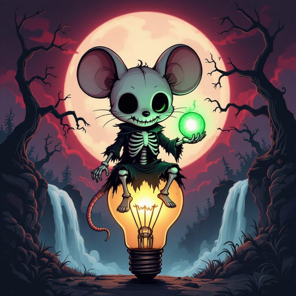Skeletal Chibi Mouse With Glowing Orb on Lightbulb