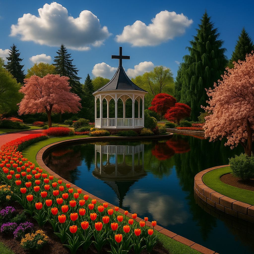 Ethereal Garden Oasis with a Majestic Cross in Cyberpunk HDR