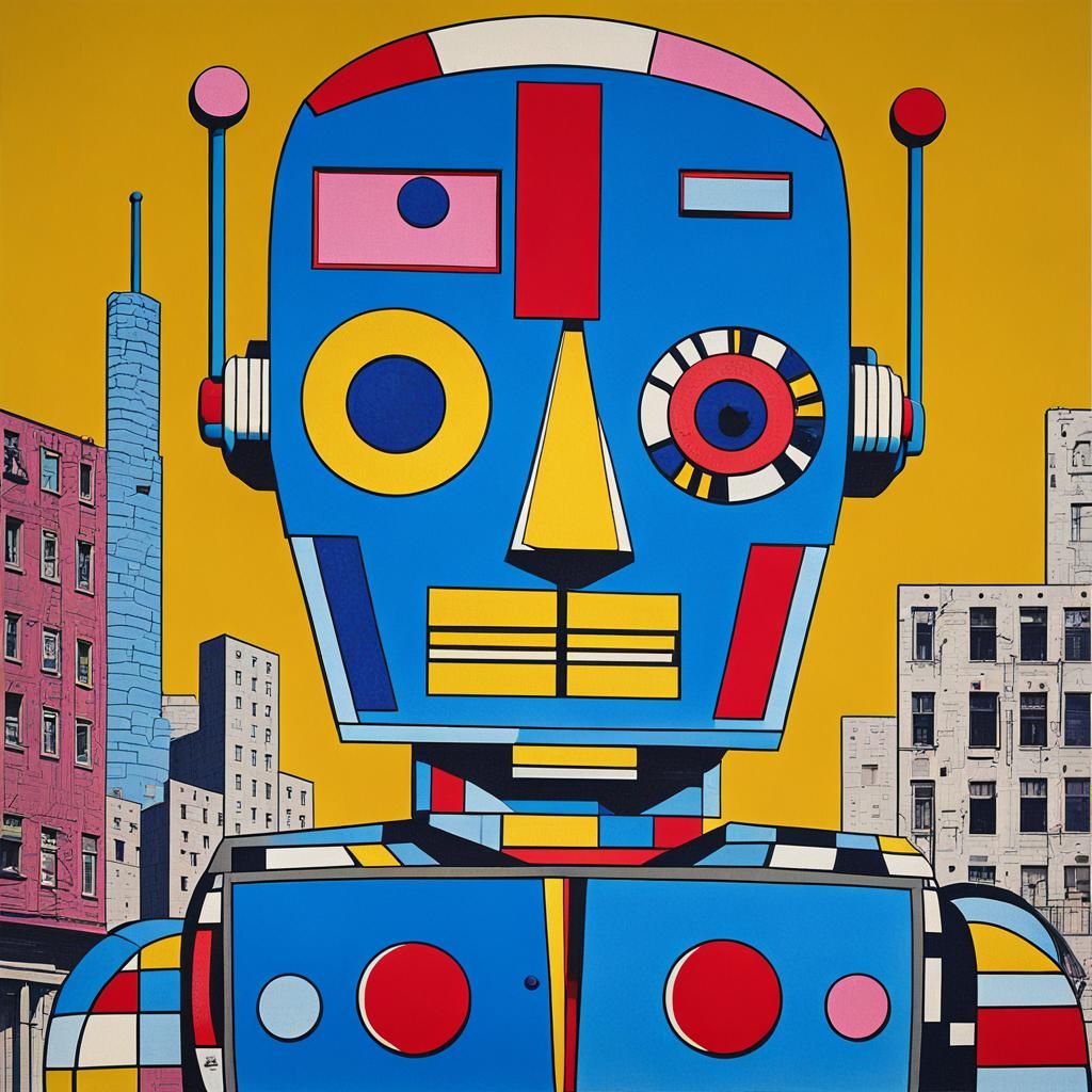 Cyborg Robot in Pop Art Style Industrial Scene